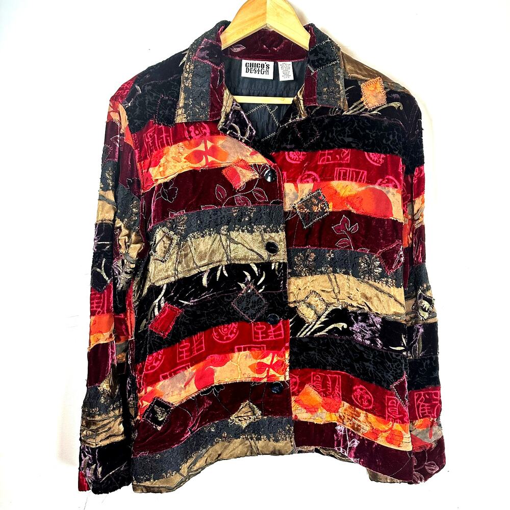 CHICOS Design vintage silk velvet patchwork embroidered floral blazer womans 2